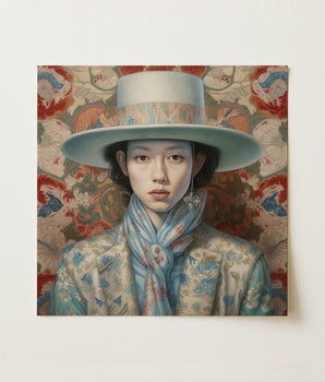 Square Canvas Painting Woman Light Blue Wide-brimmed Hat Dandy Gaysian Cowboy, Elegant Femboy Outlaw’s