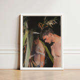 White-framed Art Print Painterly Depiction Two Shirtless Men Gay Surfers Cruising, Man’s Hunger, Emerging