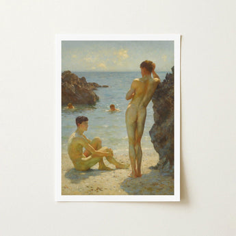 Lovers of the Sun - Henry Scott Tuke Fine Art Print / Canvas Beige-framed Classical Beach Scene Two Nude, Cornish Coast Prints