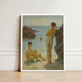 Lovers of the Sun - Henry Scott Tuke Fine Art Print / Canvas White-framed Two Nude Figures Beach Rocky, Cornish Coast Prints