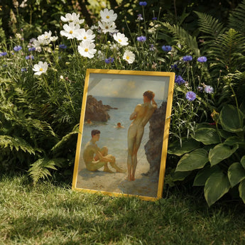 Lovers of the Sun - Henry Scott Tuke Fine Art Print / Canvas Framed Painting Golden Border Two Nude Figures Seaside, Cornish Coast Prints