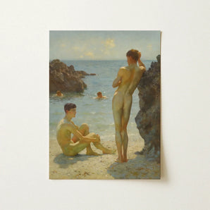 Lovers of the Sun - Henry Scott Tuke Fine Art Print / Canvas Rectangular Framed Painting Two Nude Figures Rocky Shoreline, Cornish Coast