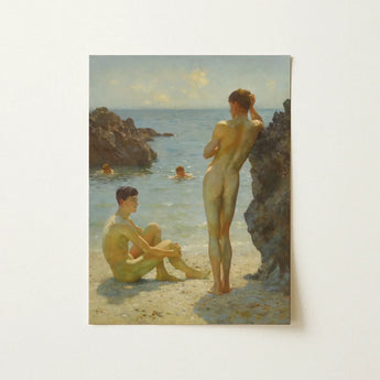 Lovers of the Sun - Henry Scott Tuke Fine Art Print / Canvas Rectangular Framed Painting Two Nude Figures Rocky Shoreline, Cornish Coast