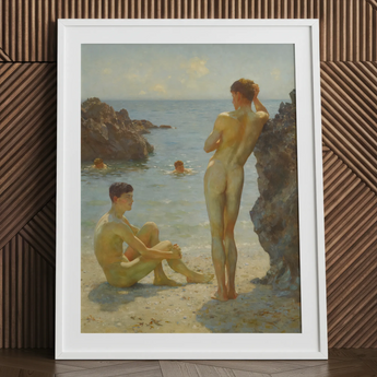 Lovers of the Sun - Henry Scott Tuke Fine Art Print / Canvas White Framed Beach Scene Art Print Henry Scott Tuke, Tuke Fine Art, Cornish