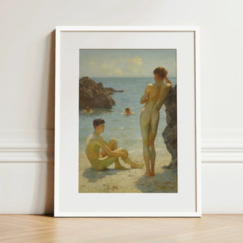 Lovers of the Sun - Henry Scott Tuke Fine Art Print / Canvas White-framed Classical Beach Scene Nude Figures, Cornish Coast Prints