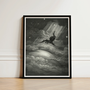 Lucifer Descends Upon Earth - Gustave Dore Art Print / Canvas Black-framed Artwork Dark Winged Figure Clouds Starry Skies, Night Uncoils,