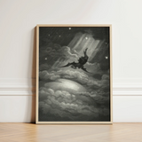 Lucifer Descends Upon Earth - Gustave Dore Art Print / Canvas Framed Black-and-white Artwork Dark Winged Figure Stormy Clouds, Night
