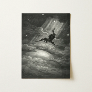 Lucifer Descends Upon Earth - Gustave Dore Art Print / Canvas Black-and-white Etched Artwork Winged Figure Stormy Clouds Radiant, Night