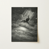 Lucifer Descends Upon Earth - Gustave Dore Art Print / Canvas Black-and-white Etched Artwork Winged Figure Stormy Clouds Radiant, Night