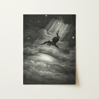 Lucifer Descends Upon Earth - Gustave Dore Art Print / Canvas Black-and-white Etched Artwork Winged Figure Stormy Clouds Radiant, Night