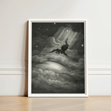 Lucifer Descends Upon Earth - Gustave Dore Art Print / Canvas Framed Black-and-white Illustration Winged Figure Clouds Starry Skies, Night