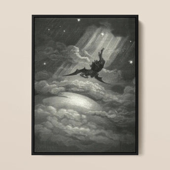 Lucifer Descends Upon Earth - Gustave Dore Art Print / Canvas Black-framed Artwork Dark Winged Figure Stormy Clouds Radiant Gustave Dore
