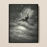 Lucifer Descends Upon Earth - Gustave Dore Art Print / Canvas Black-framed Artwork Dark Winged Figure Stormy Clouds Radiant, Night Uncoils,