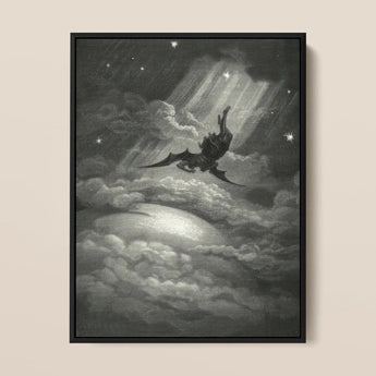 Lucifer Descends Upon Earth - Gustave Dore Art Print / Canvas Black-framed Artwork Dark Winged Figure Stormy Clouds Radiant, Night Uncoils,