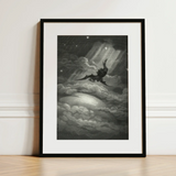 Lucifer Descends Upon Earth - Gustave Dore Art Print / Canvas Black-framed Artwork Dramatic Monochromatic Illustration Dark-winged Creature