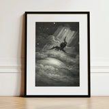 Lucifer Descends Upon Earth - Gustave Dore Art Print / Canvas Black-framed Artwork Dramatic Monochromatic Illustration Dark-winged Creature