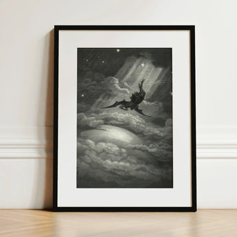 Lucifer Descends Upon Earth - Gustave Dore Art Print / Canvas Black-framed Artwork Dramatic Monochromatic Illustration Dark-winged Creature