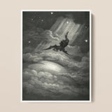 Lucifer Descends Upon Earth - Gustave Dore Art Print / Canvas Black-and-white Framed Artwork Winged Figure Clouds Radiant Celestial Gustave