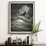 Lucifer Descends Upon Earth - Gustave Dore Art Print / Canvas Black-and-white Illustrated Winged Figure Stormy Clouds Radiant, Night