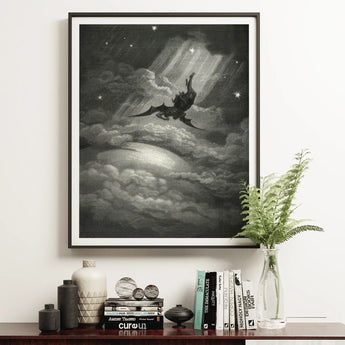 Lucifer Descends Upon Earth - Gustave Dore Art Print / Canvas Black-and-white Illustrated Winged Figure Stormy Clouds Radiant, Night