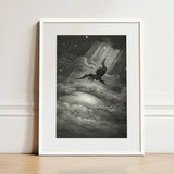 Lucifer Descends Upon Earth - Gustave Dore Art Print / Canvas Framed Black-and-white Illustration Dark Winged Figure Clouds Radiant, Night