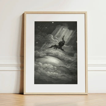 Lucifer Descends Upon Earth - Gustave Dore Art Print / Canvas Framed Black-and-white Illustration Dark Winged Figure Clouds Stars, Night