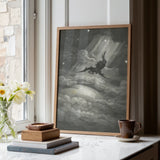 Lucifer Descends Upon Earth - Gustave Dore Art Print / Canvas Framed Black-and-white Illustration Dragon Clouds Enclosed Light Wood Gustave