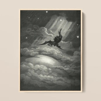 Lucifer Descends Upon Earth - Gustave Dore Art Print / Canvas Framed Black-and-white Illustration Winged Figure Stormy Clouds Celestial