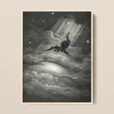 Lucifer Descends Upon Earth - Gustave Dore Art Print / Canvas Framed Black-and-white Illustration Winged Figure Stormy Clouds Celestial,