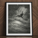 Lucifer Descends Upon Earth - Gustave Dore Art Print / Canvas Framed Black White Print Winged Demon Clouds Gustave Dore Art, Night Uncoils,