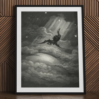 Lucifer Descends Upon Earth - Gustave Dore Art Print / Canvas Framed Black White Print Winged Demon Clouds Gustave Dore Art, Night Uncoils,