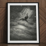 Lucifer Descends Upon Earth - Gustave Dore Art Print / Canvas Framed Black White Winged Demon Clouds, Night Uncoils, Feathers Hardening