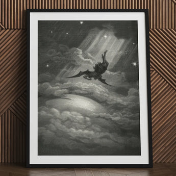 Lucifer Descends Upon Earth - Gustave Dore Art Print / Canvas Framed Black White Winged Demon Clouds, Night Uncoils, Feathers Hardening