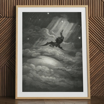 Lucifer Descends Upon Earth - Gustave Dore Art Print / Canvas Framed Black White Print Winged Demon Stormy Clouds Gustave Dore Art, Night