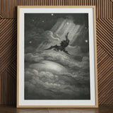 Lucifer Descends Upon Earth - Gustave Dore Art Print / Canvas Framed Black White Winged Demon Stormy Clouds, Night Uncoils, Feathers