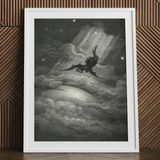 Lucifer Descends Upon Earth - Gustave Dore Art Print / Canvas Framed Black White Print Winged Figure Clouds Gustave Dore Art, Night