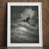 Lucifer Descends Upon Earth - Gustave Dore Art Print / Canvas Framed Black White Winged Figure Clouds, Night Uncoils, Feathers Hardening