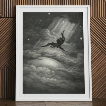 Lucifer Descends Upon Earth - Gustave Dore Art Print / Canvas Framed Black White Winged Figure Clouds, Night Uncoils, Feathers Hardening