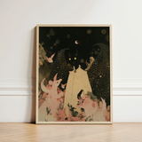 Framed Fantasy Illustration Central Figure Off-white Gown Surrounded Cute Devil Child, Lucius Returns, Art