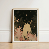 Framed Artwork Whimsical Illustration Figure Off-white Gown Surrounded Cute Devil Child, Lucius Returns, Art