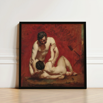 Framed Oil Painting Two Nude Figures Intimate Pose Male, Fold, Standing Man’s Dark, Beard, Compressed Gaze Anchor, William Etty Art, Print
