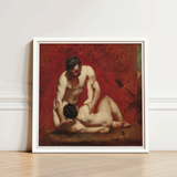 White-framed Reproduction Classical Oil Painting Two Nude Figures Male, Fold, Standing Man’s Dark, Beard, Compressed Gaze Anchor, William