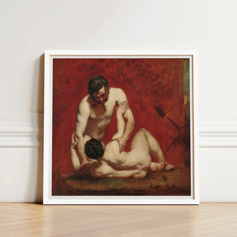 White-framed Reproduction Classical Oil Painting Two Nude Figures Male, Fold, Standing Man’s Dark, Beard, Compressed Gaze Anchor, William