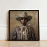 Framed Portrait Man Beige Cowboy Hat Geometric Brown Dandy Gay, Elegant Afroamerican Outlaw’s, Spirit’s Queer