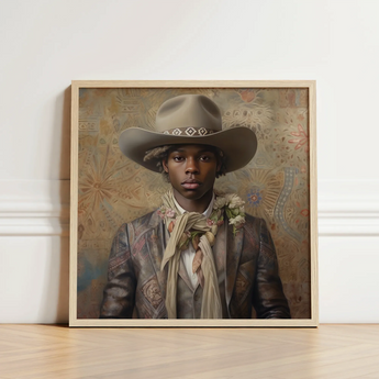 Framed Portrait Man Beige Cowboy Hat Geometric Brown Dandy Gay, Elegant Afroamerican Outlaw’s, Spirit’s Queer