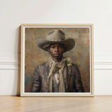 Framed Portrait Man Beige Cowboy Hat Decorative Band Dandy Gay, Elegant Afroamerican Outlaw’s, Spirit’s Queer