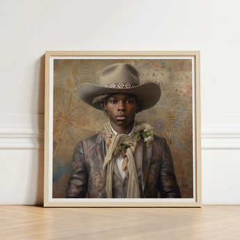 Framed Portrait Man Beige Cowboy Hat Decorative Band Dandy Gay, Elegant Afroamerican Outlaw’s, Spirit’s Queer