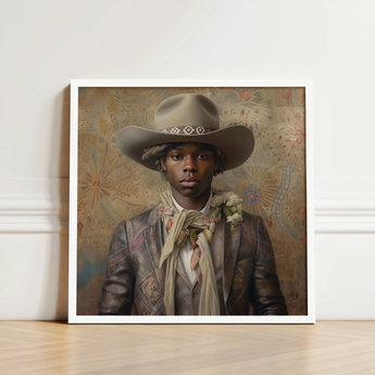 Framed Portrait Man Beige Cowboy Hat Geometric Dark Dandy Gay, Elegant Afroamerican Outlaw’s, Spirit’s Queer