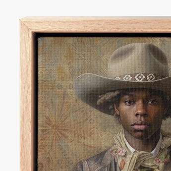 Framed Canvas Portrait Young Man Beige Cowboy Hat Dandy Gay, Elegant Afroamerican Outlaw’s, Spirit’s Queer
