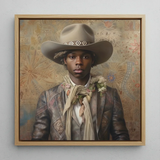 Lysander - Gay Black Dandy Cowboy Art Print / Canvas Framed Portrait Man Beige Cowboy Hat Decorative Band Dandy Gay Cowboy, Elegant